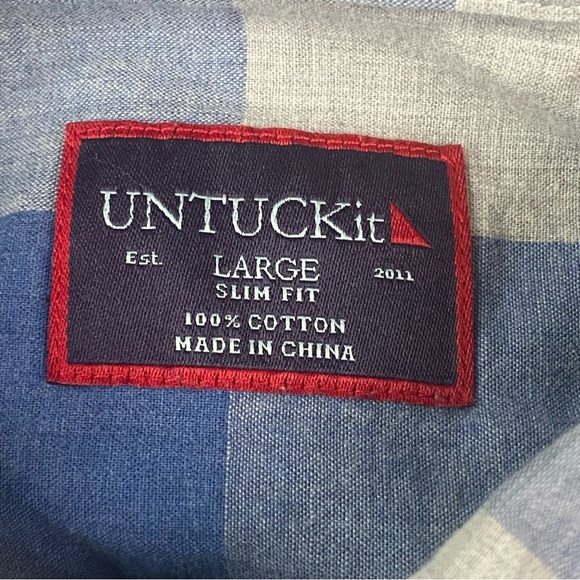 UNTUCKit Slim Fit Gingham Plaid Blue Long Sleeve Button Up Shirt Size Large - Picture 3 of 11
